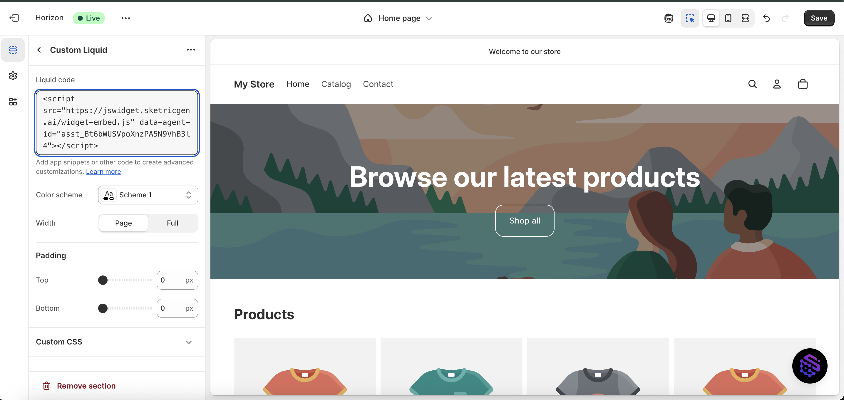 Screenshot showing Shopify Custom Liquid Section with embed code input and positioning options