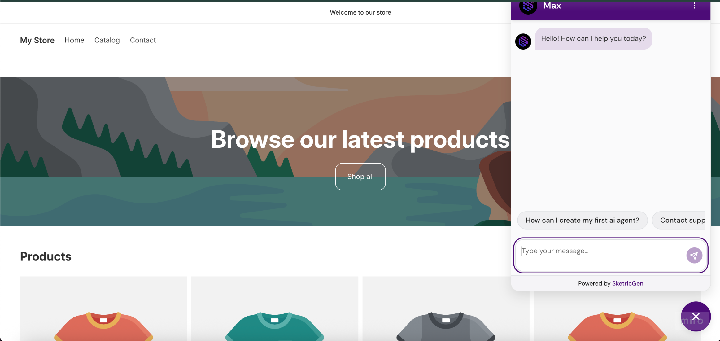 Screenshot showing Shopify website with embedded SketricGen chat widget