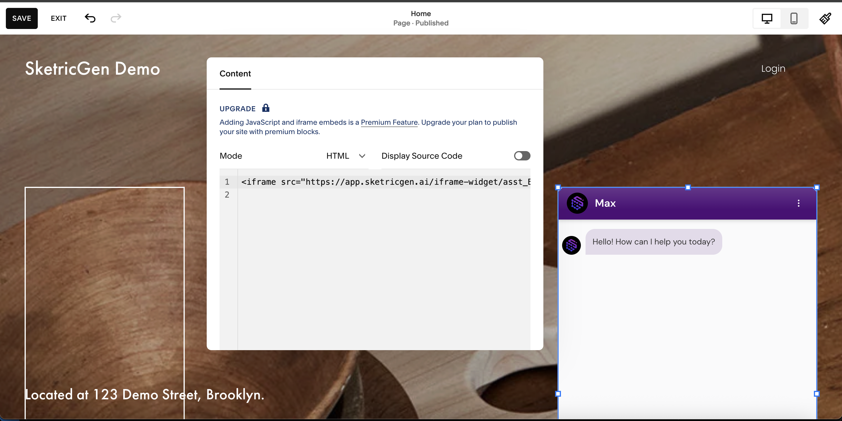Screenshot showing Squarespace Code block with iframe embed and save options