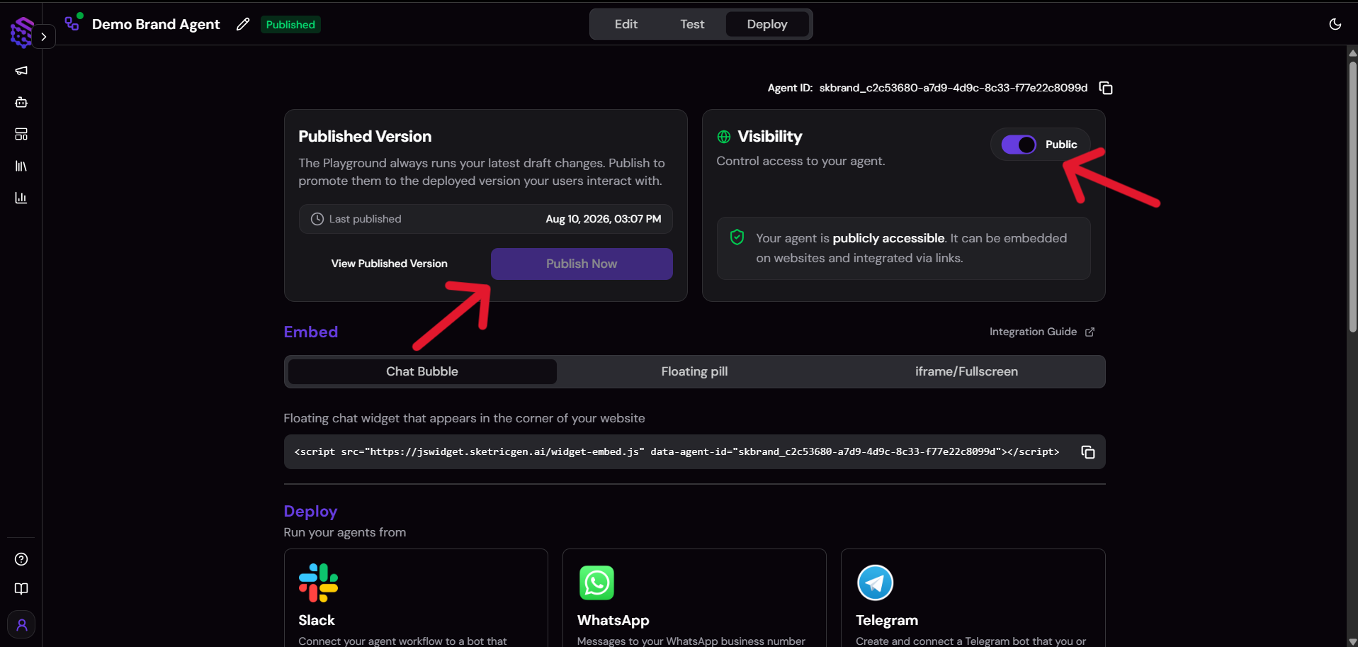 SketricGen Brand Agent Deploy tab showing Public visibility and the Publish Now button