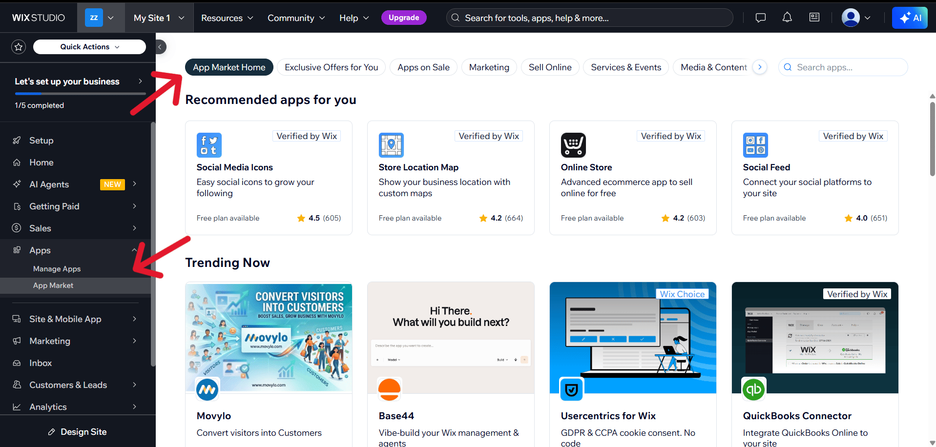 Wix site dashboard with Apps expanded and App Market selected