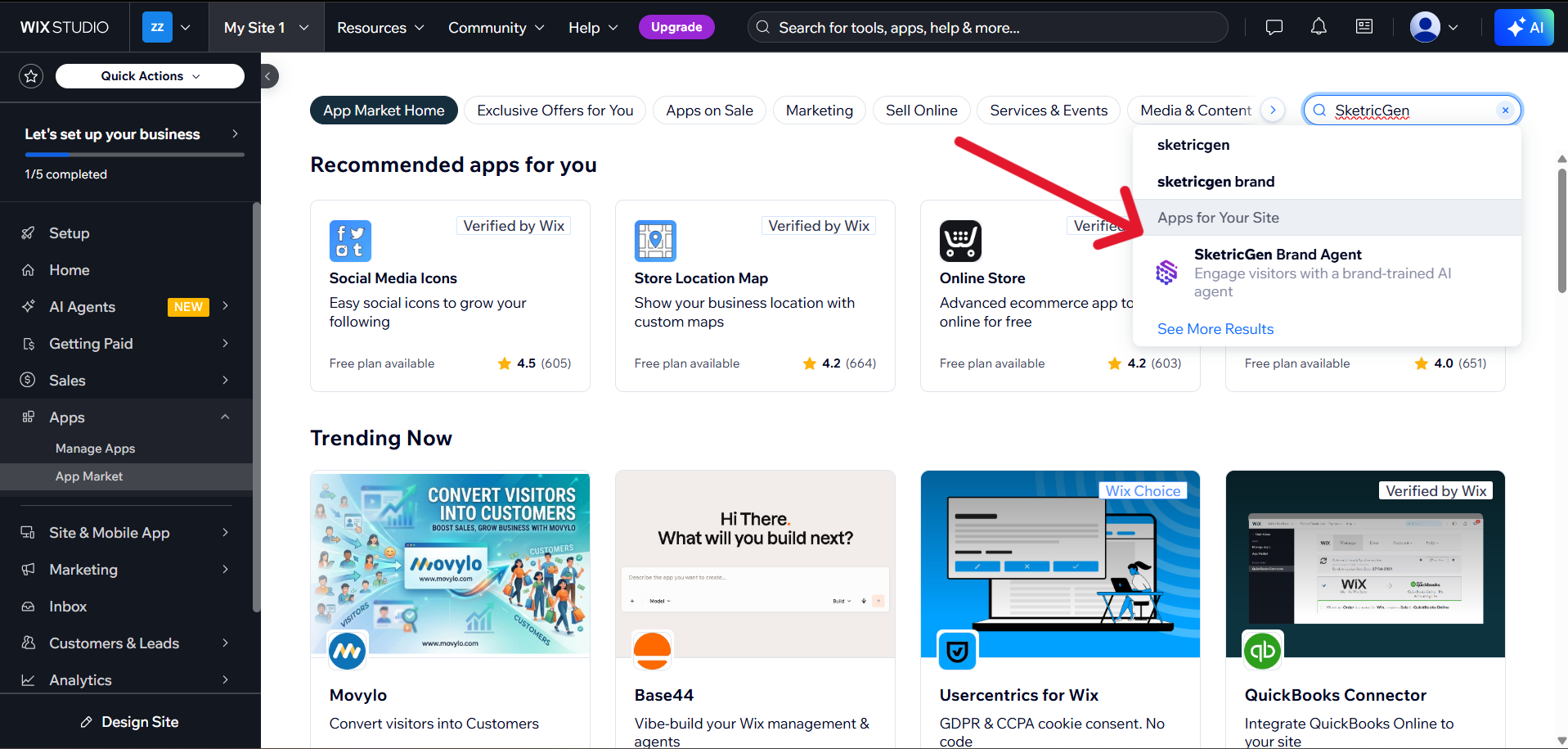 Wix App Market search showing the SketricGen Brand Agent app