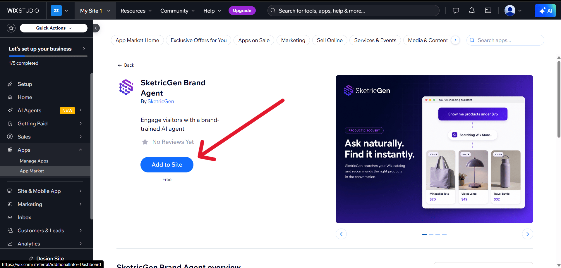 SketricGen Brand Agent listing in the Wix App Market with the Add to Site button