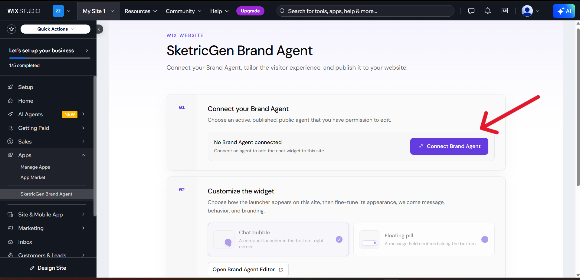 SketricGen Brand Agent setup page in Wix showing the Connect Brand Agent button