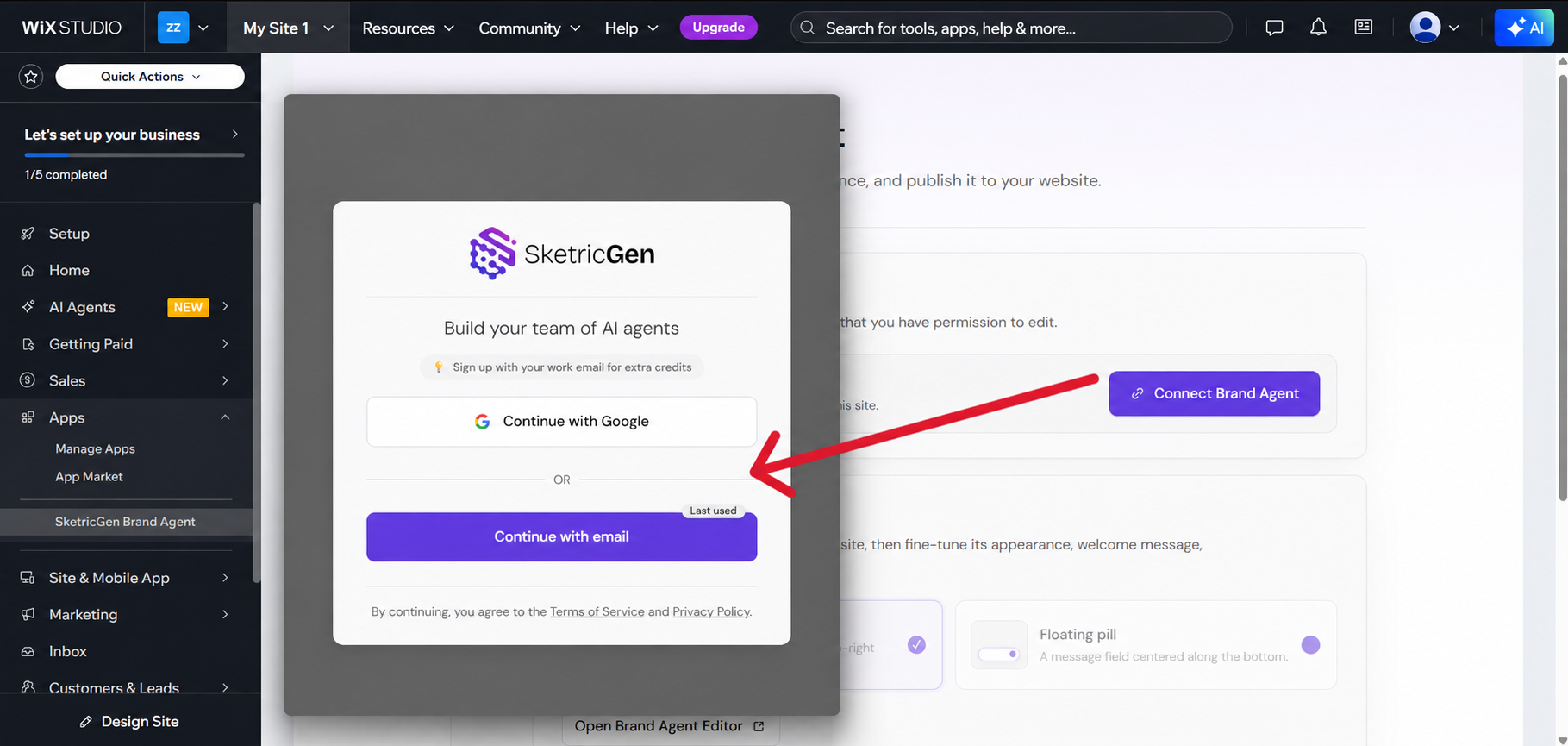 SketricGen sign-in window opened from Wix with Google and email sign-in options