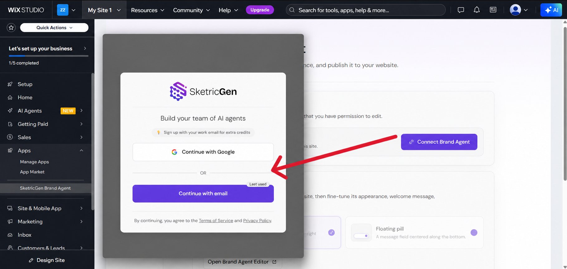 SketricGen sign-in window opened from Wix with Google and email sign-in options