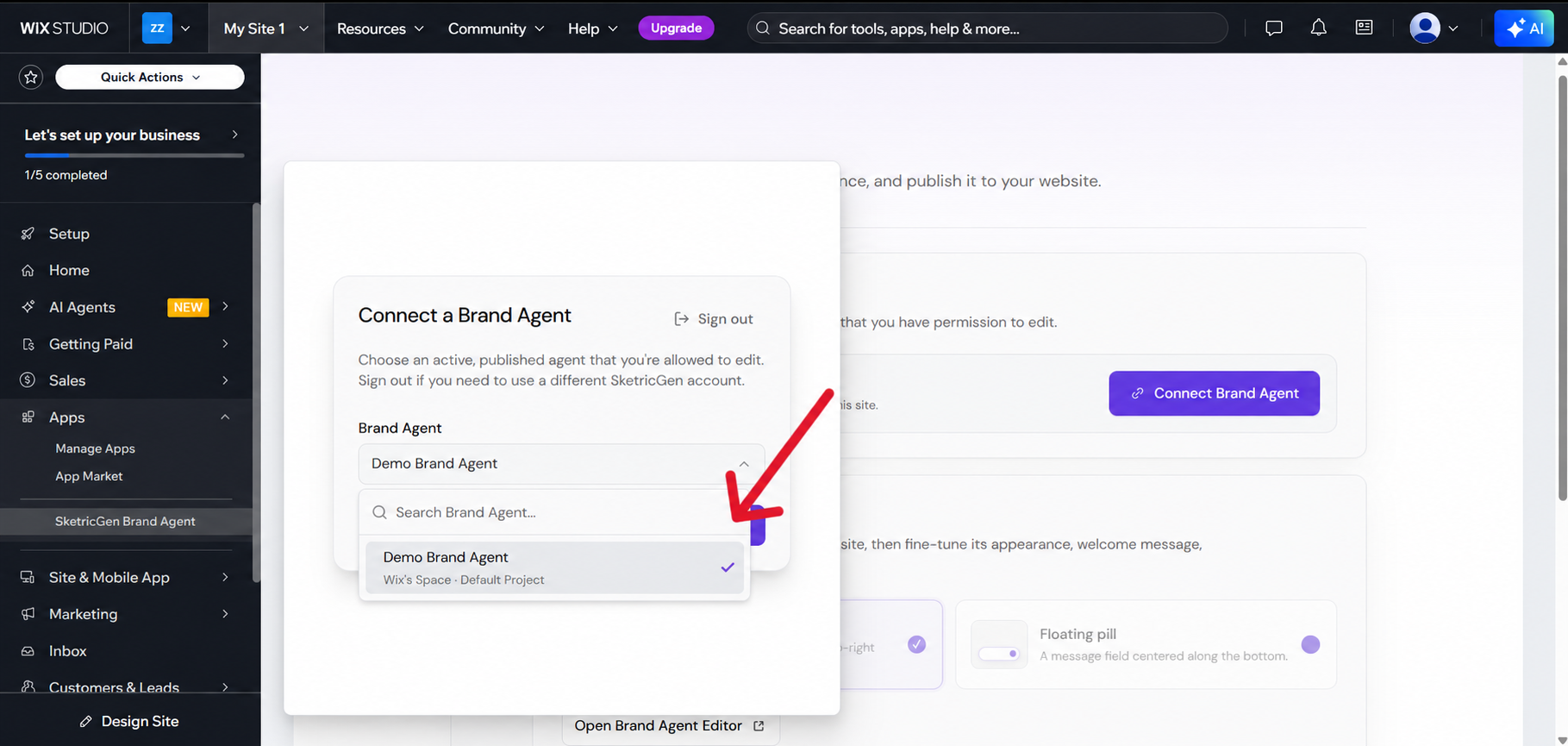 SketricGen connection window with a Brand Agent selected from the list