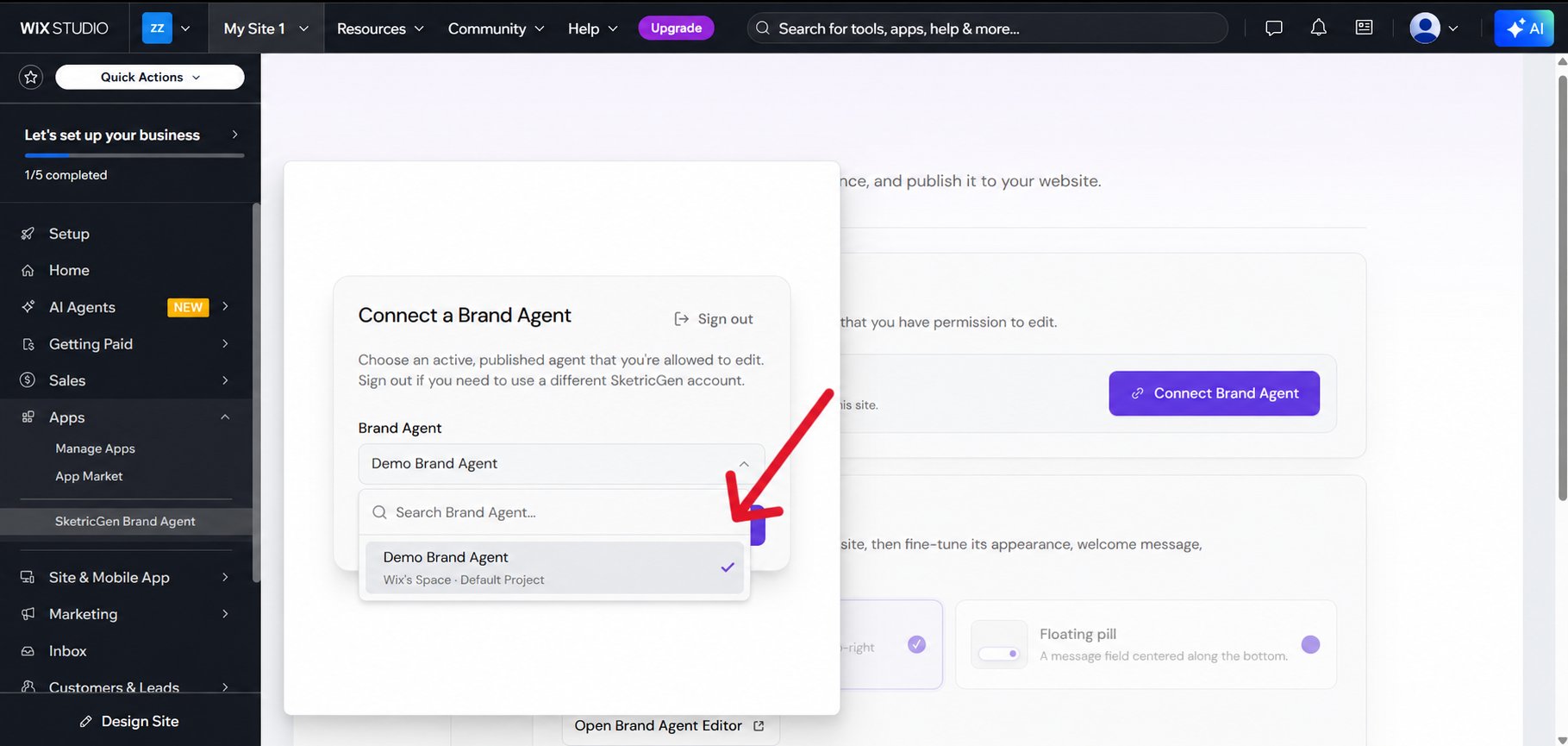 SketricGen connection window with a Brand Agent selected from the list