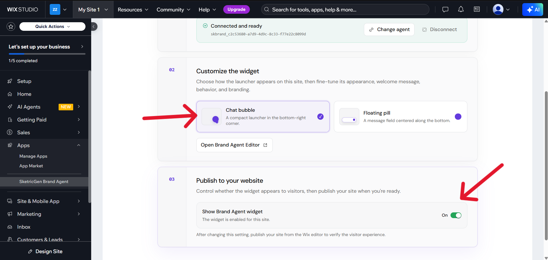 Wix app settings showing the Chat bubble launcher selected and the Brand Agent widget enabled