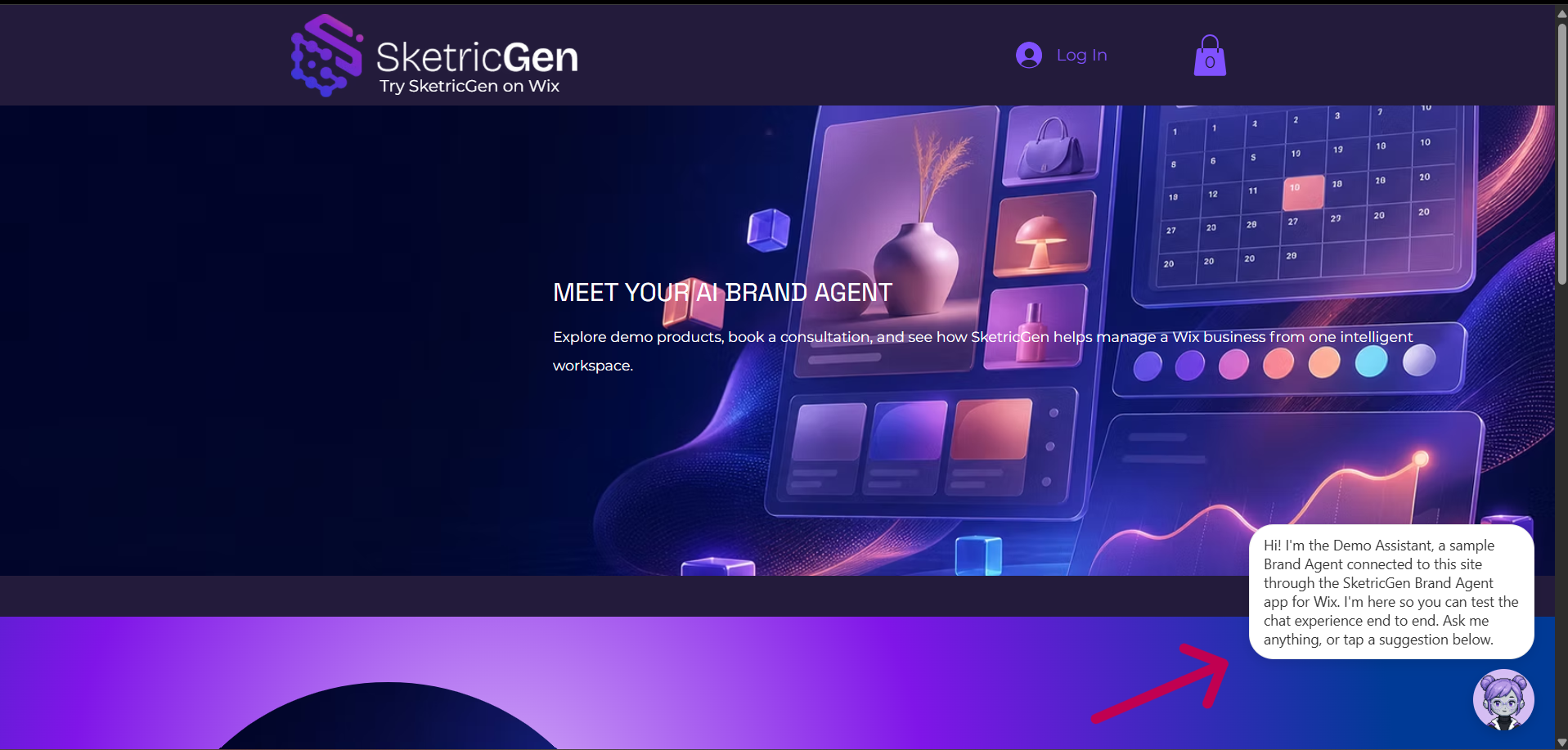 Published Wix site with the SketricGen Brand Agent widget open