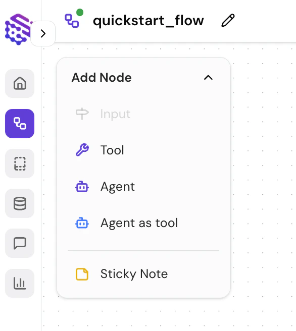 Screenshot showing the "Add Node" interface with options for Agent, Tool, and Handoff