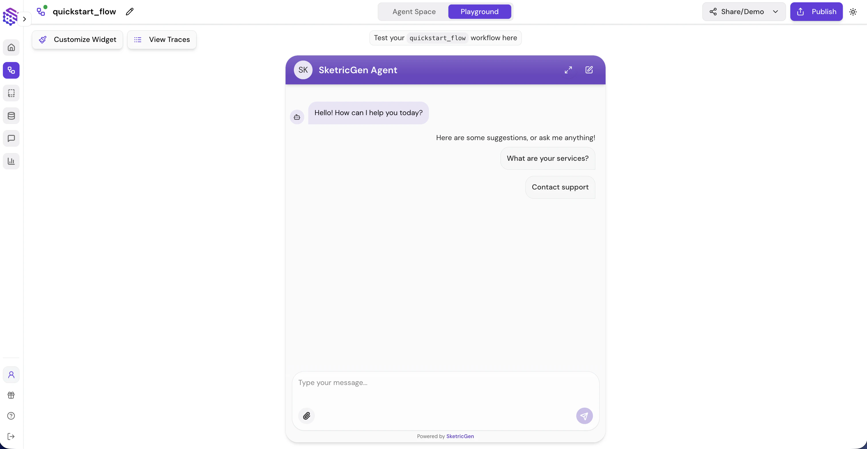 Screenshot showing the playground interface for testing agent workflows with input/output