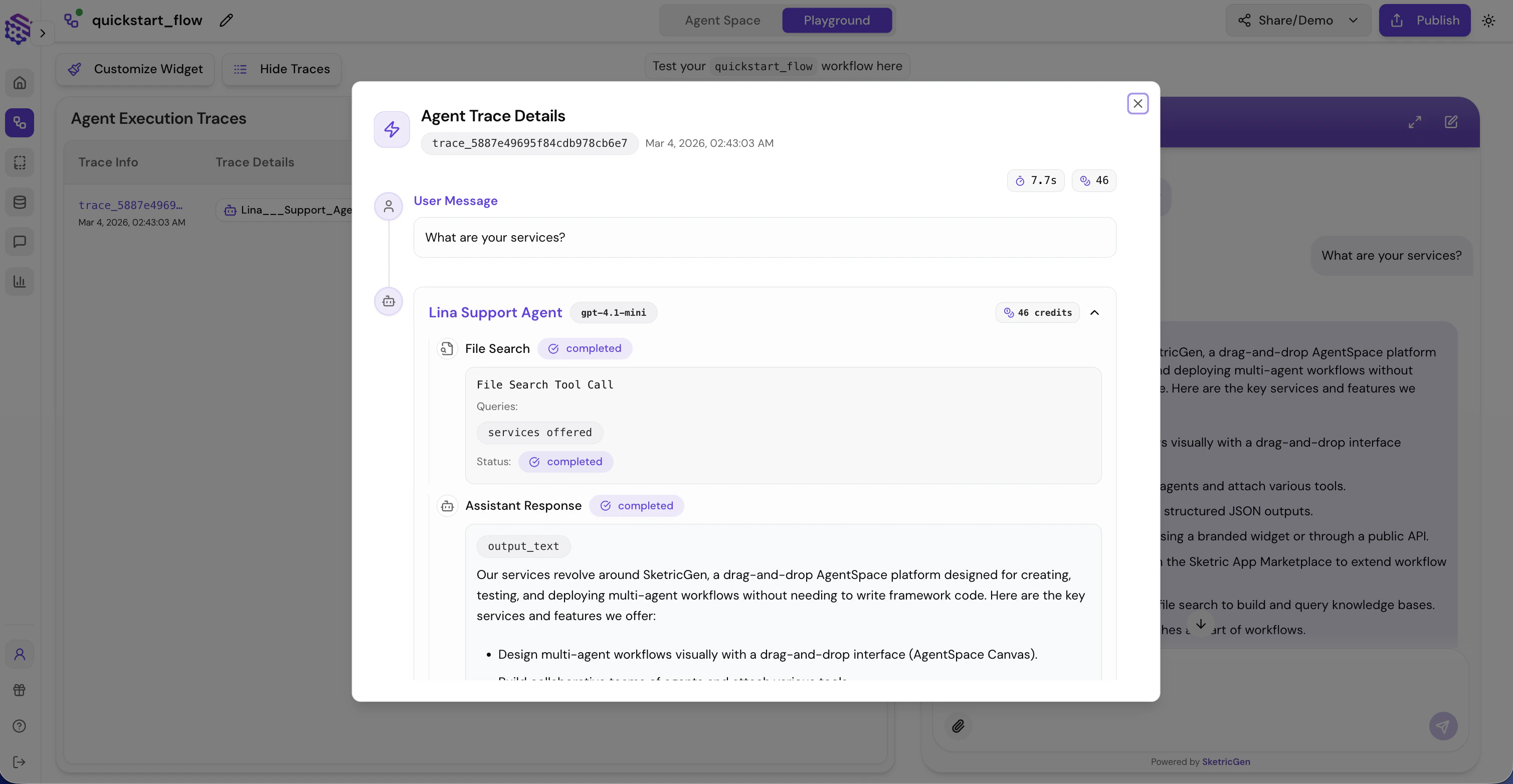 Screenshot showing the traces interface displaying conversation flow, agent interactions, and performance metrics