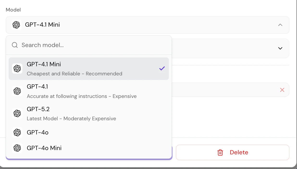Screenshot showing model selection interface with supported GPT models