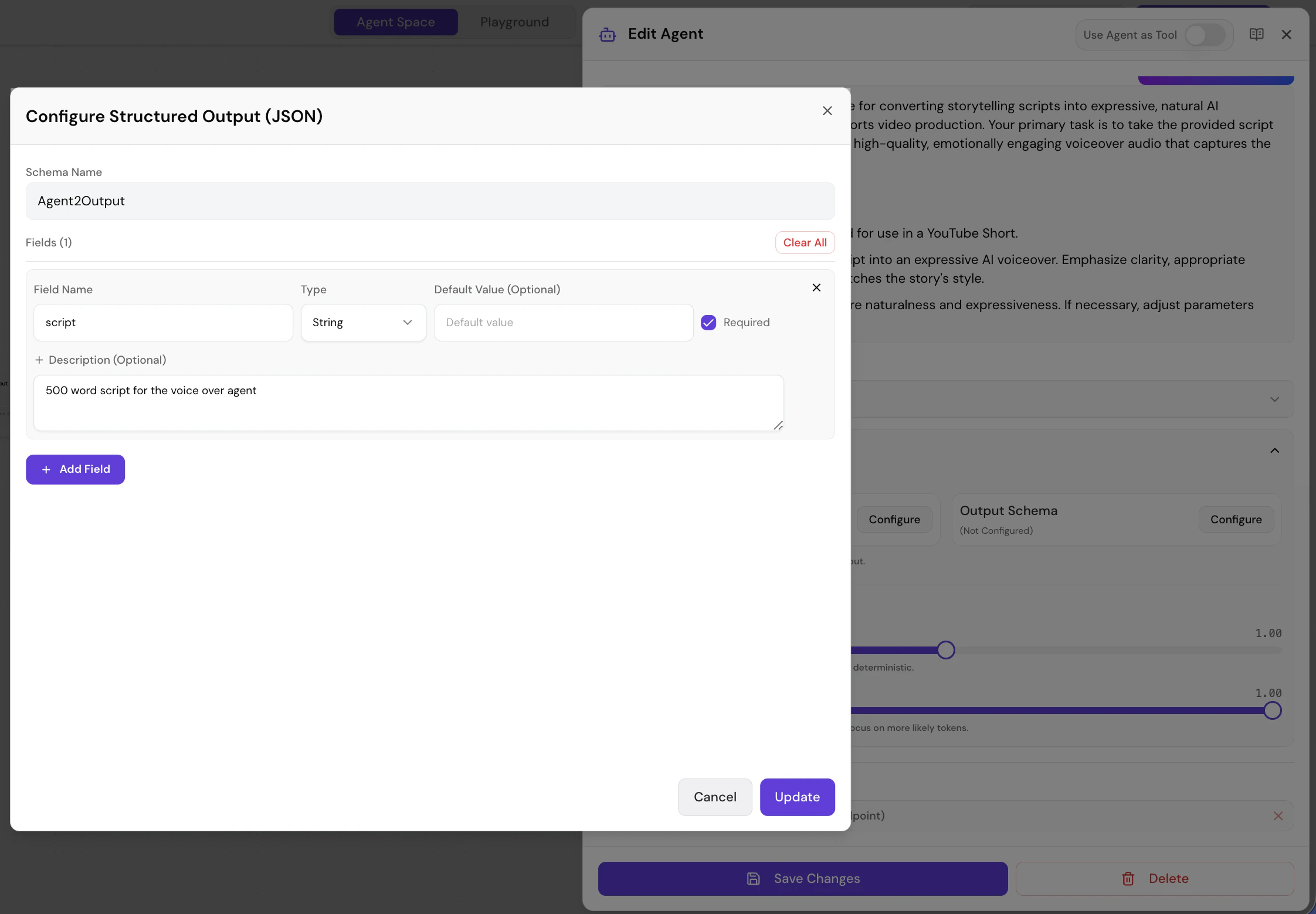 Screenshot showing structured input/output configuration interface with JSON schema definition