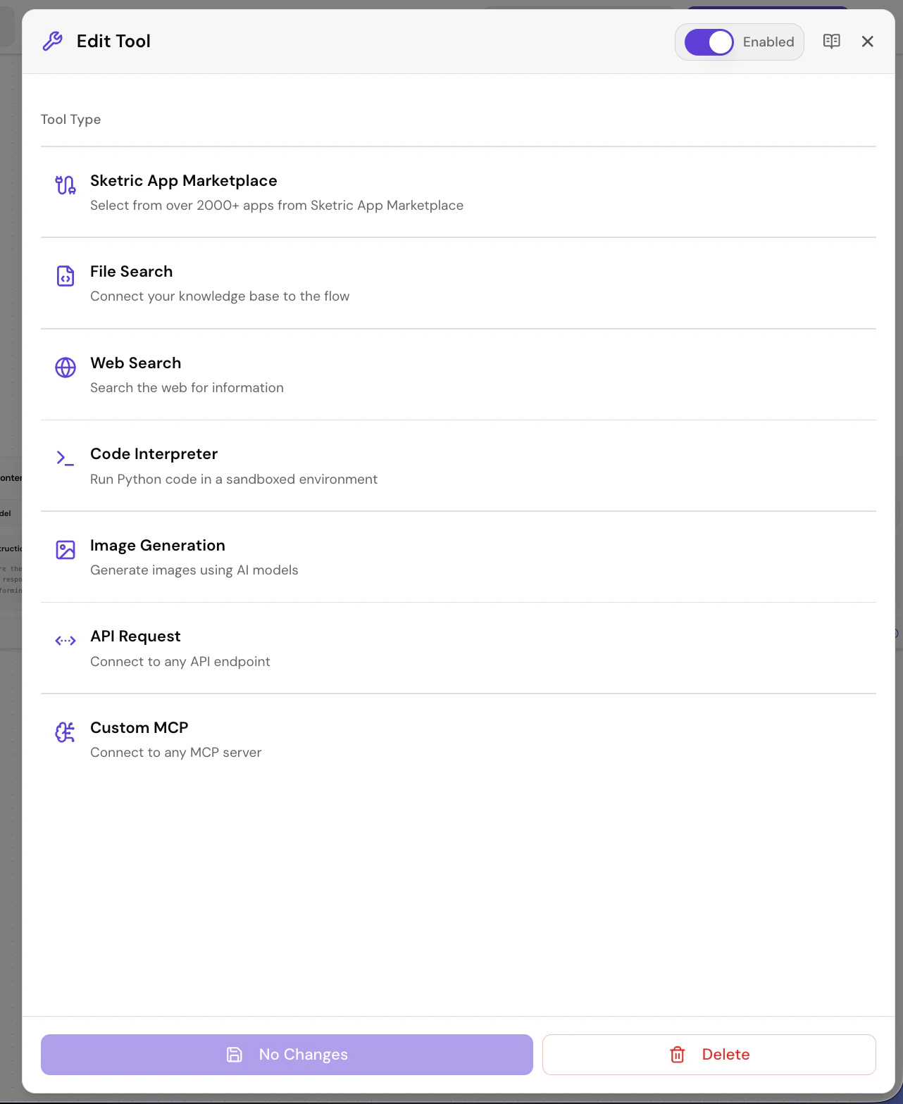 Tools sidebar interface showing available tools including File Search, Web Search, Code Interpreter, API Request, and Custom MCP