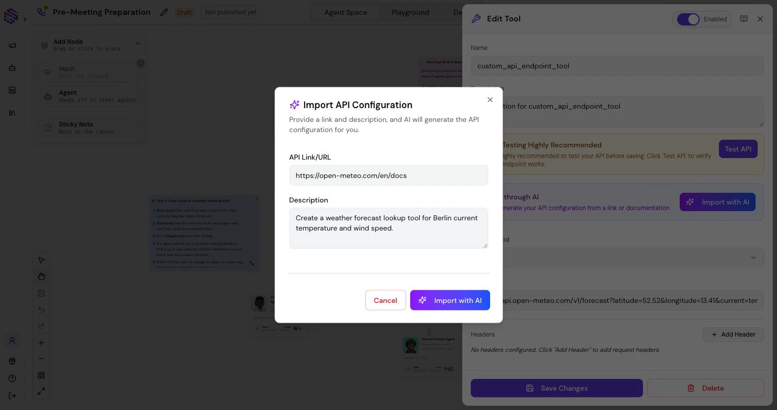 Import API Configuration dialog for generating an API Request tool from documentation