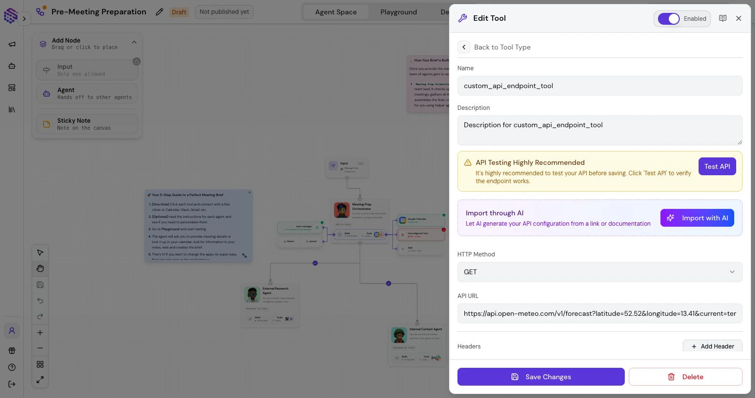 API Request setup with Import through AI, HTTP method, URL, headers, and query parameter controls