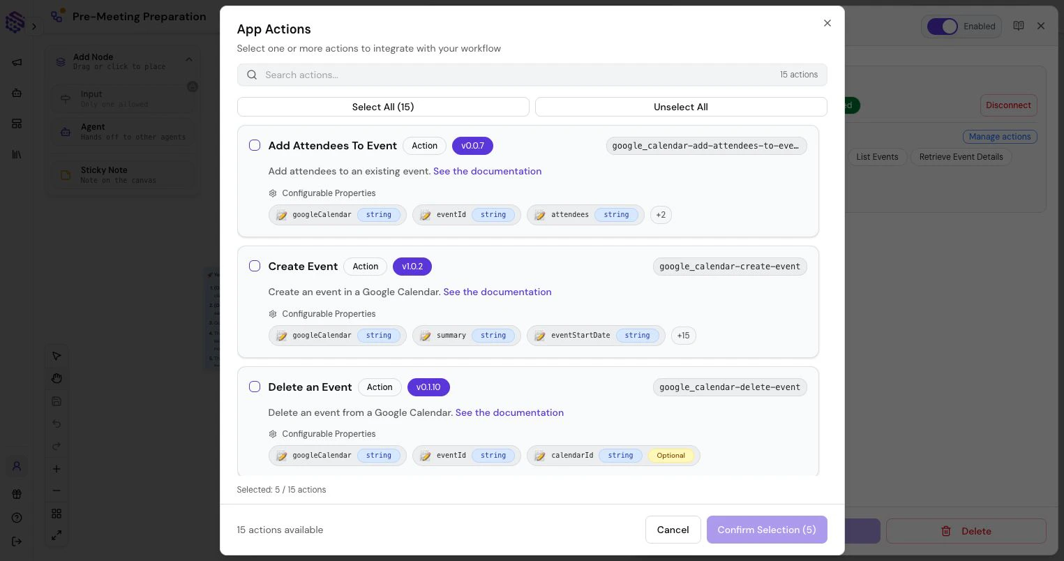 Connector action picker showing selected and available actions inside a connected app