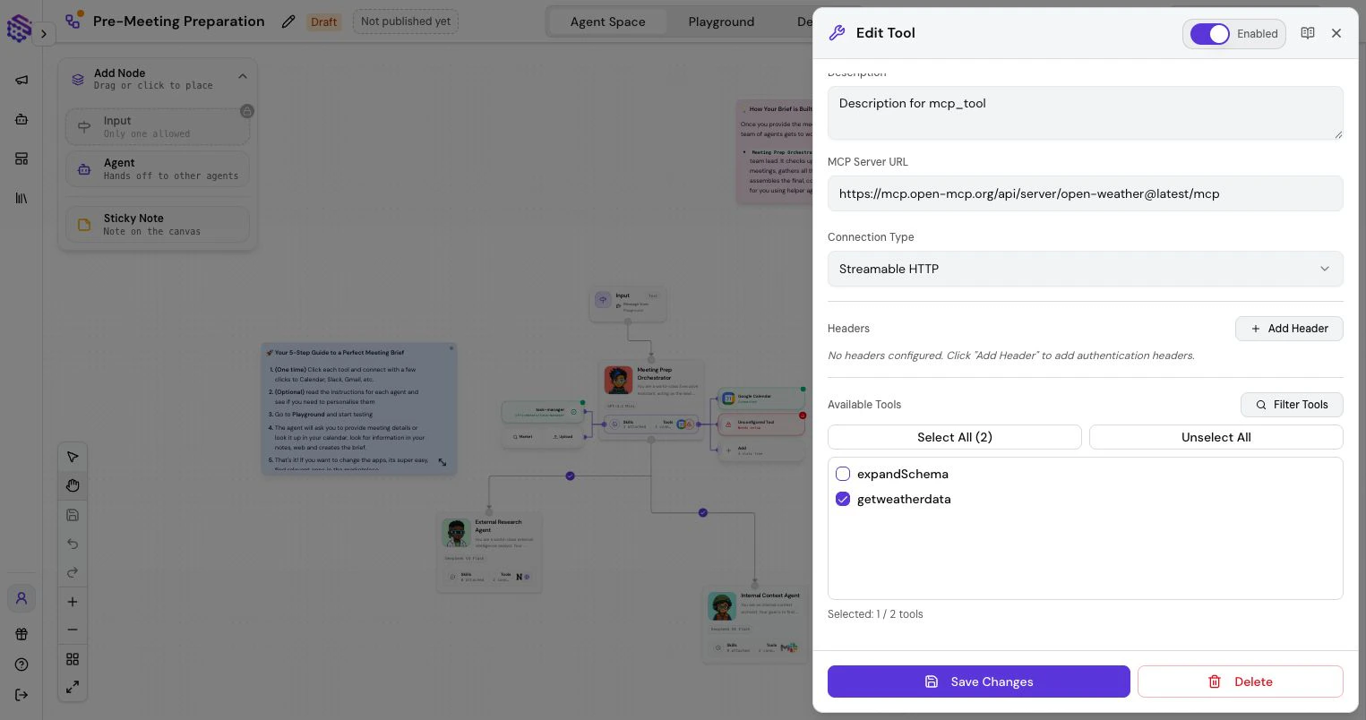 Custom MCP setup with hosted MCP URL, connection type, headers, and tool discovery