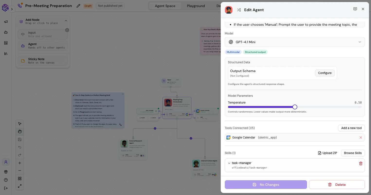 Main agent editor with model settings, connected tools, and marketplace skills