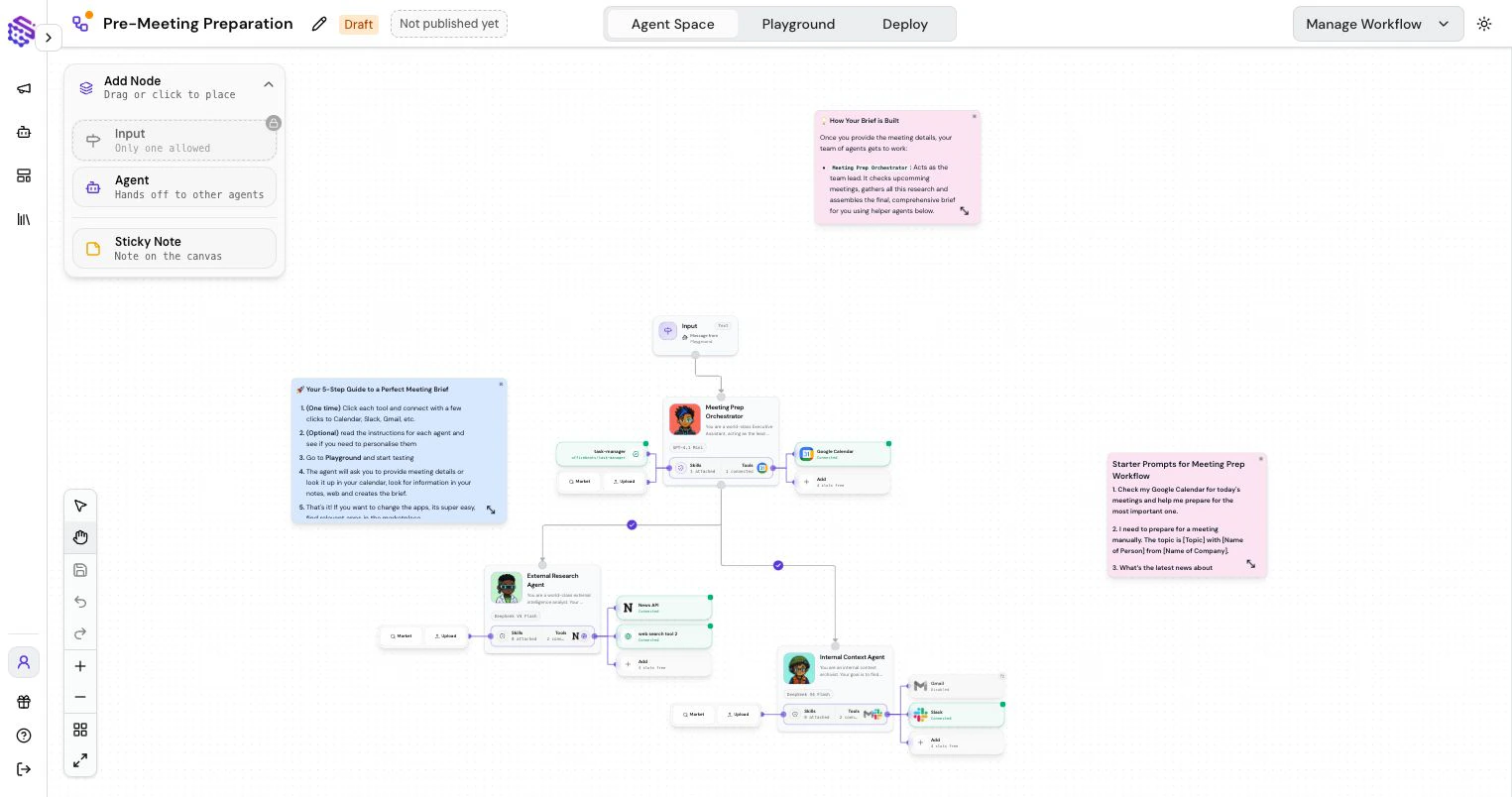 Pre-meeting preparation Agent Space with a main agent, helper agents, tools, and notes