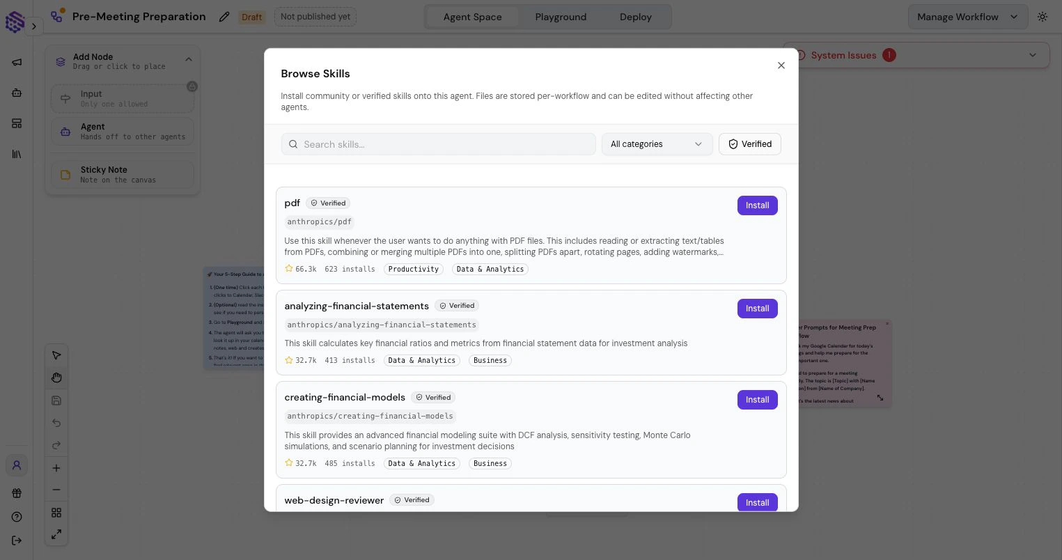 AI Workforce skill marketplace with search, verified skills, install counts, sources, categories, and install buttons