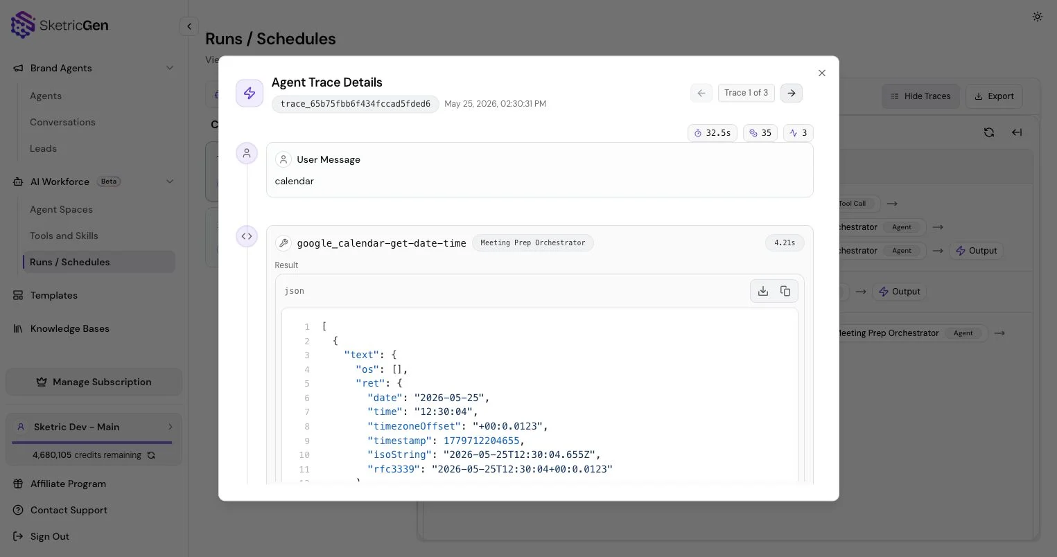Detailed trace view showing user input, tool result JSON, timing, and step-level run details