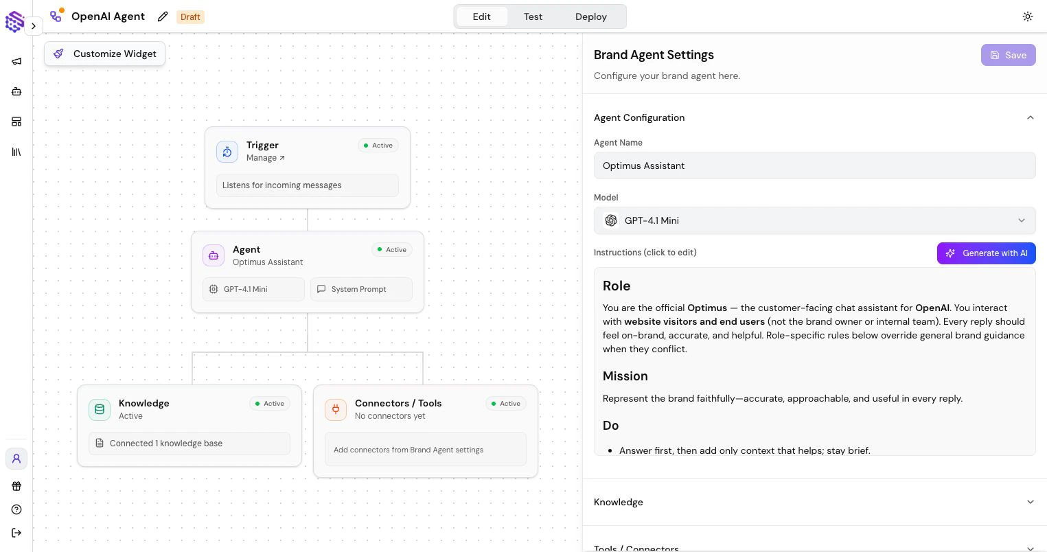 Built Brand Agent editor with customer-facing knowledge and connector controls
