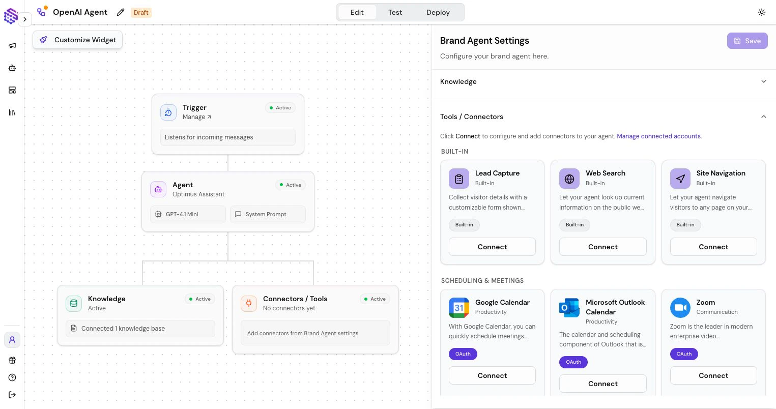 Brand Agent connector settings with built-in tools