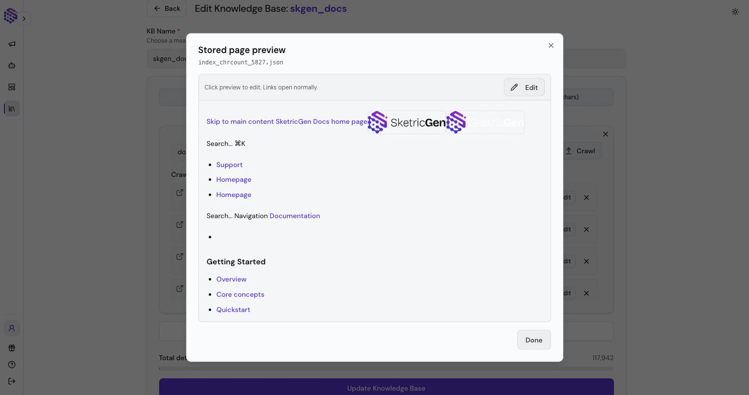 Editable Markdown preview for a crawled Knowledge Base page