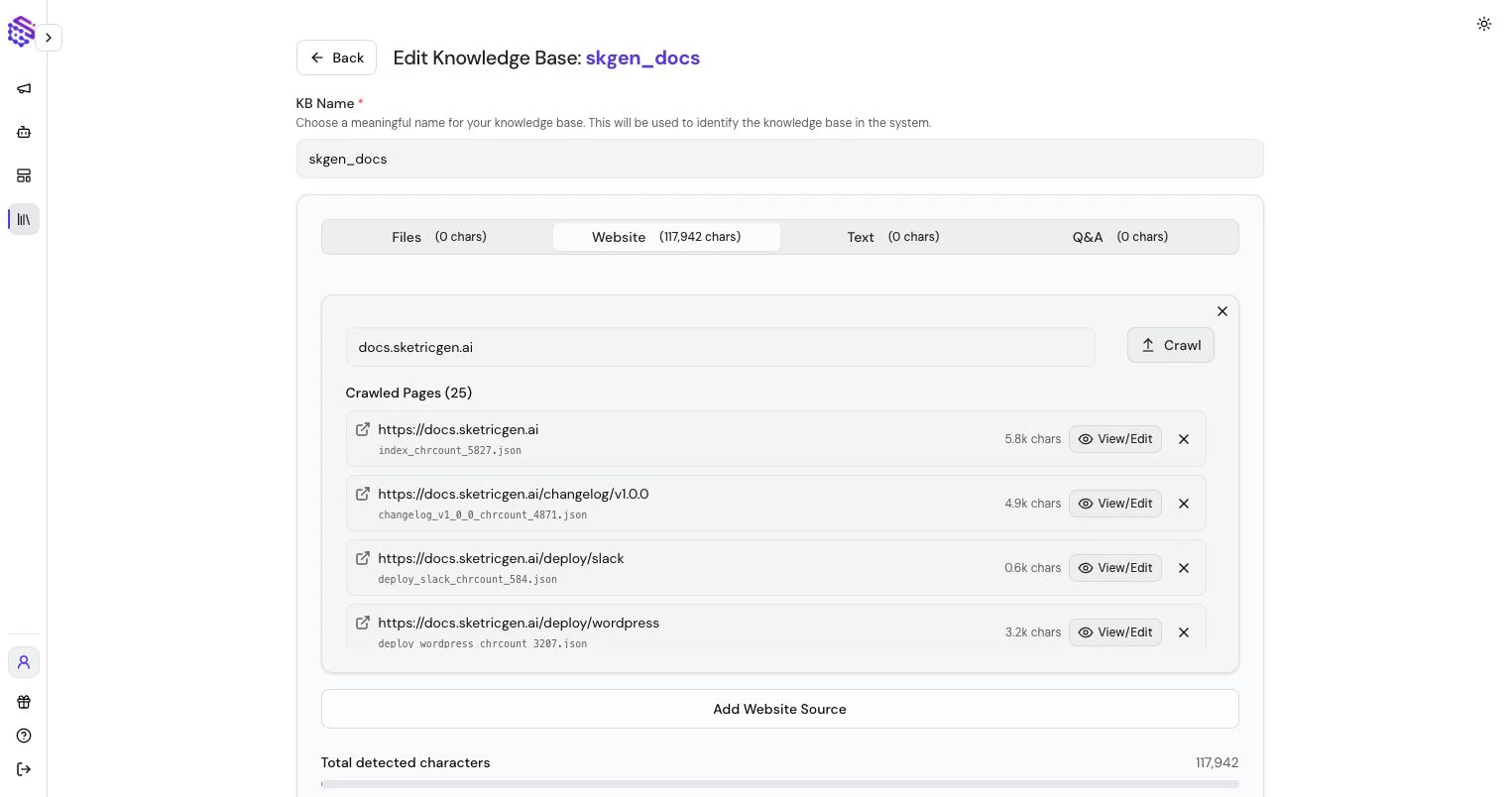 Website crawl results inside a Knowledge Base