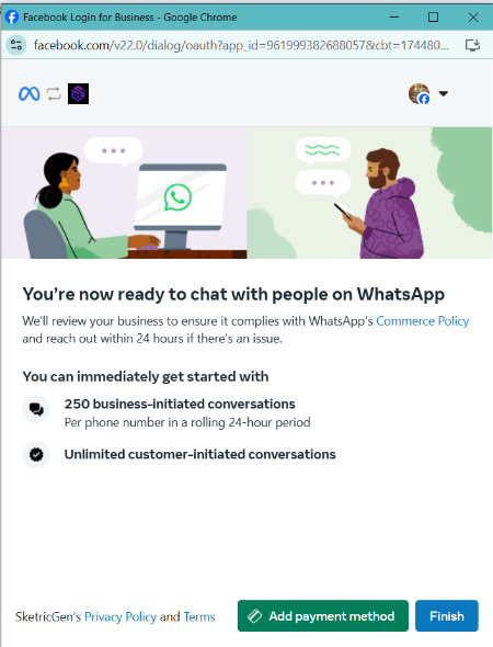Screenshot showing WhatsApp Business App final configuration and deployment options