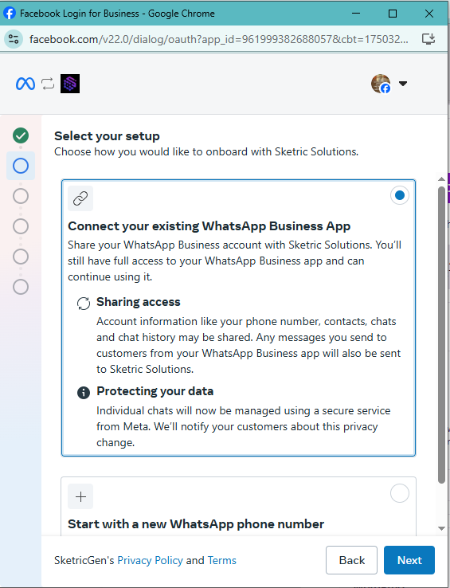 Screenshot showing WhatsApp Business App integration testing interface