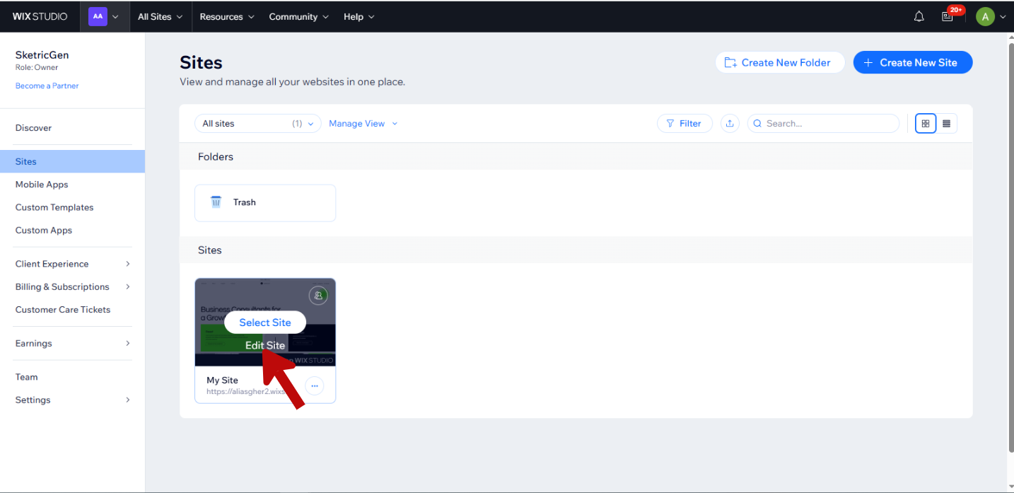 Screenshot showing Wix dashboard with site selection interface