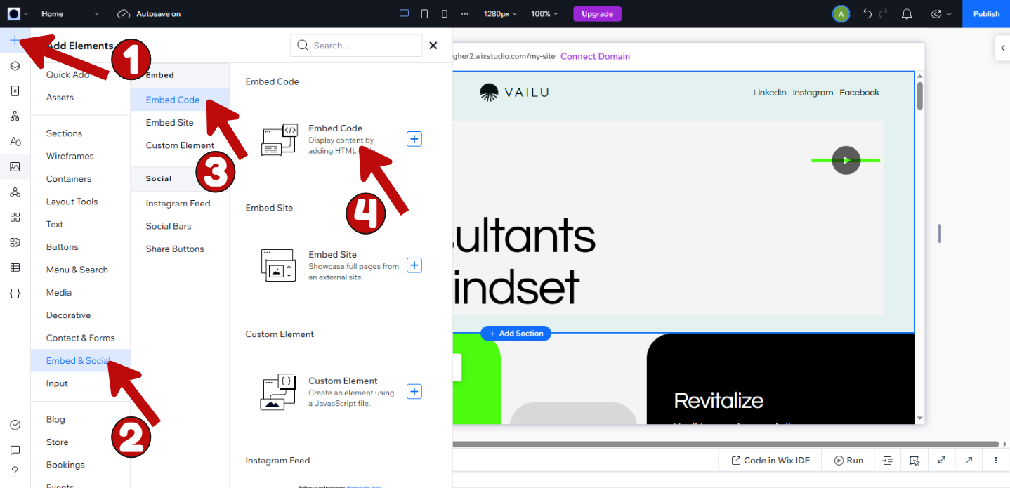 Screenshot showing Wix Add Elements interface with Embed & Social > Embed Code option