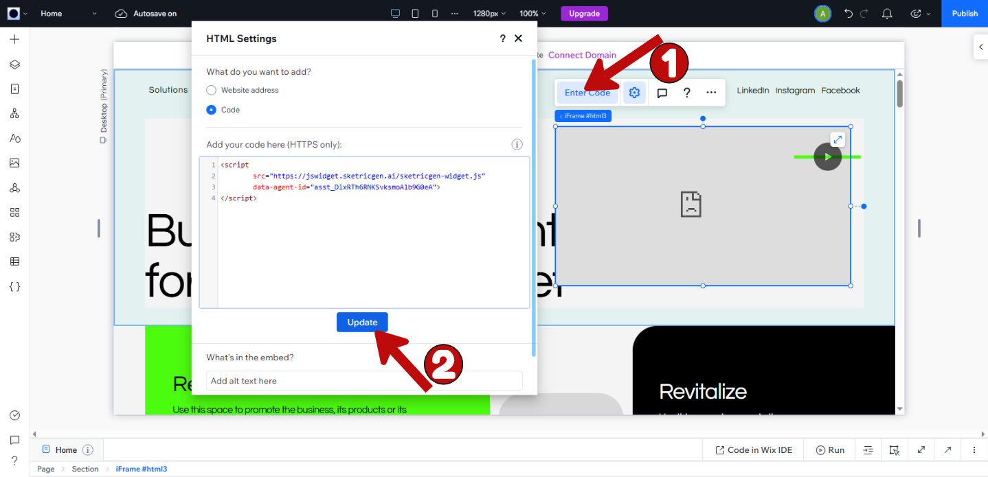 Screenshot showing Wix Embed Code element with code input and positioning options