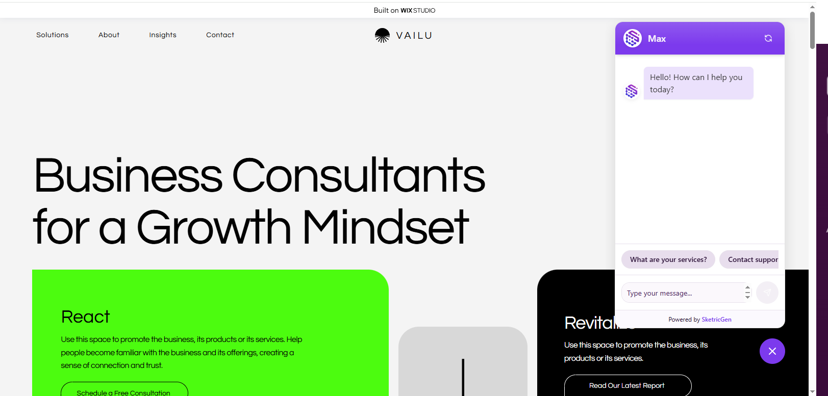 Screenshot showing Wix site with embedded SketricGen floating chat widget
