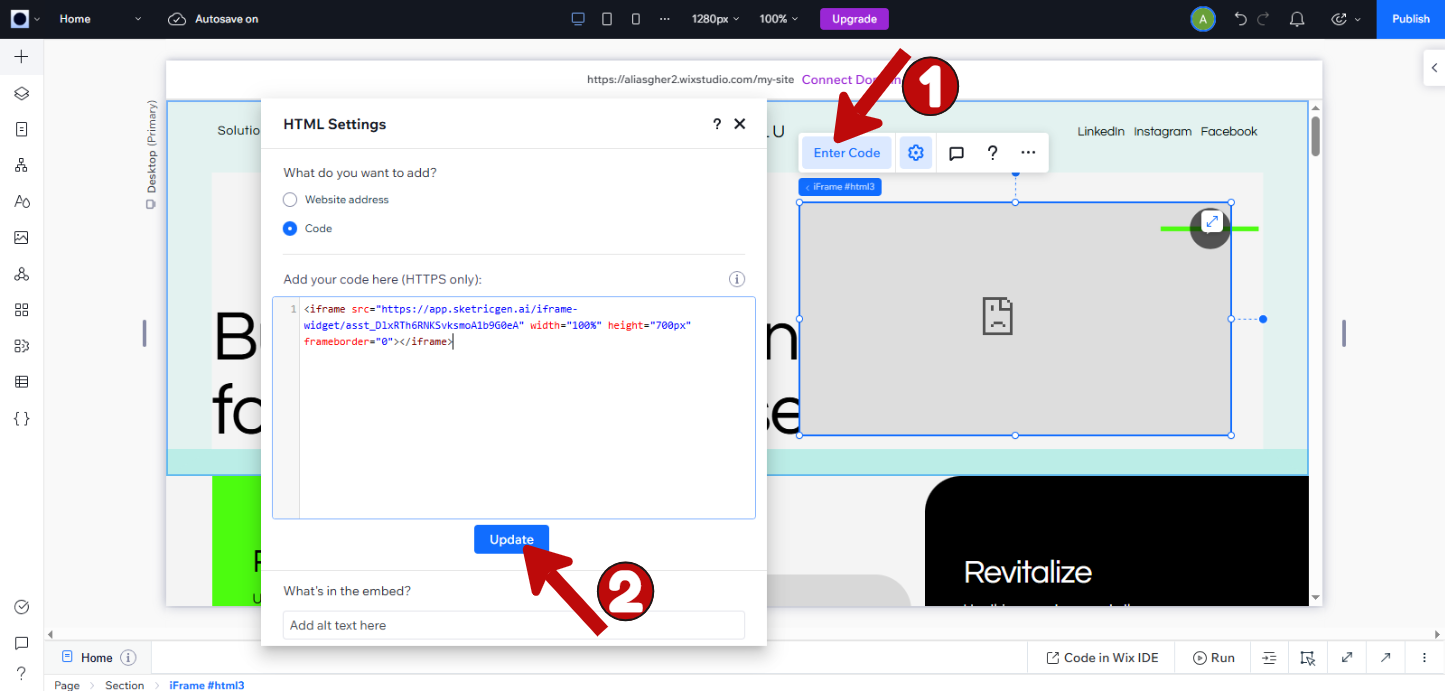 Screenshot showing Wix Embed Code element with iframe code and dimension adjustments