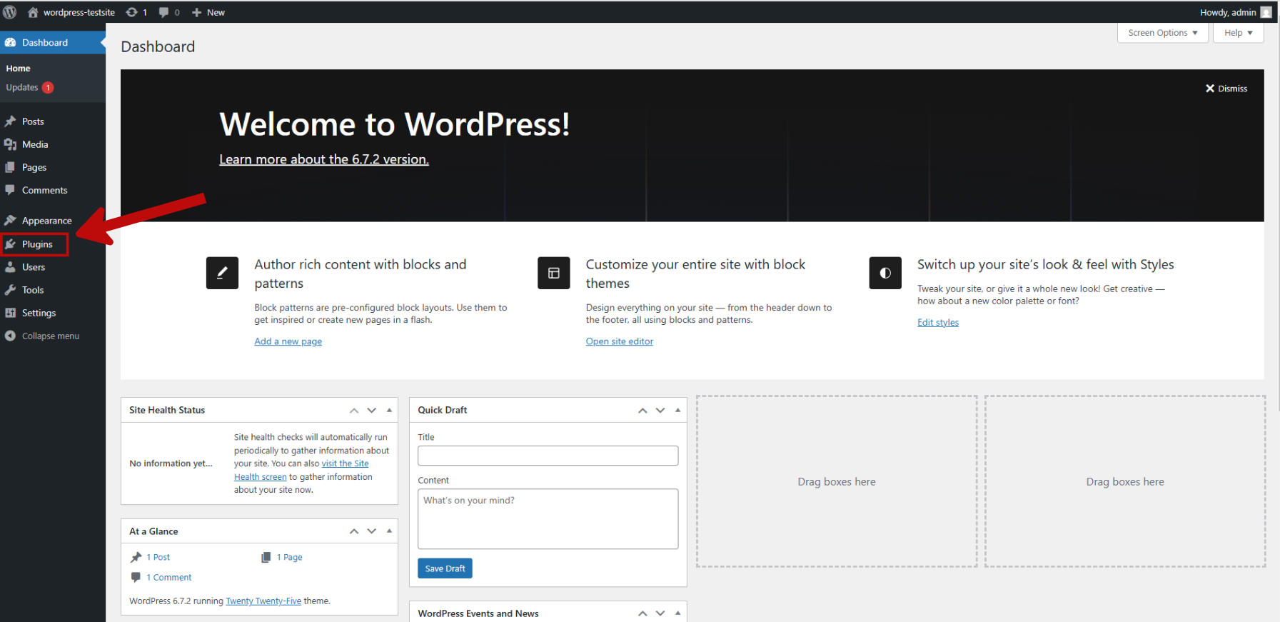 Screenshot showing WordPress admin dashboard with Plugins sidebar menu