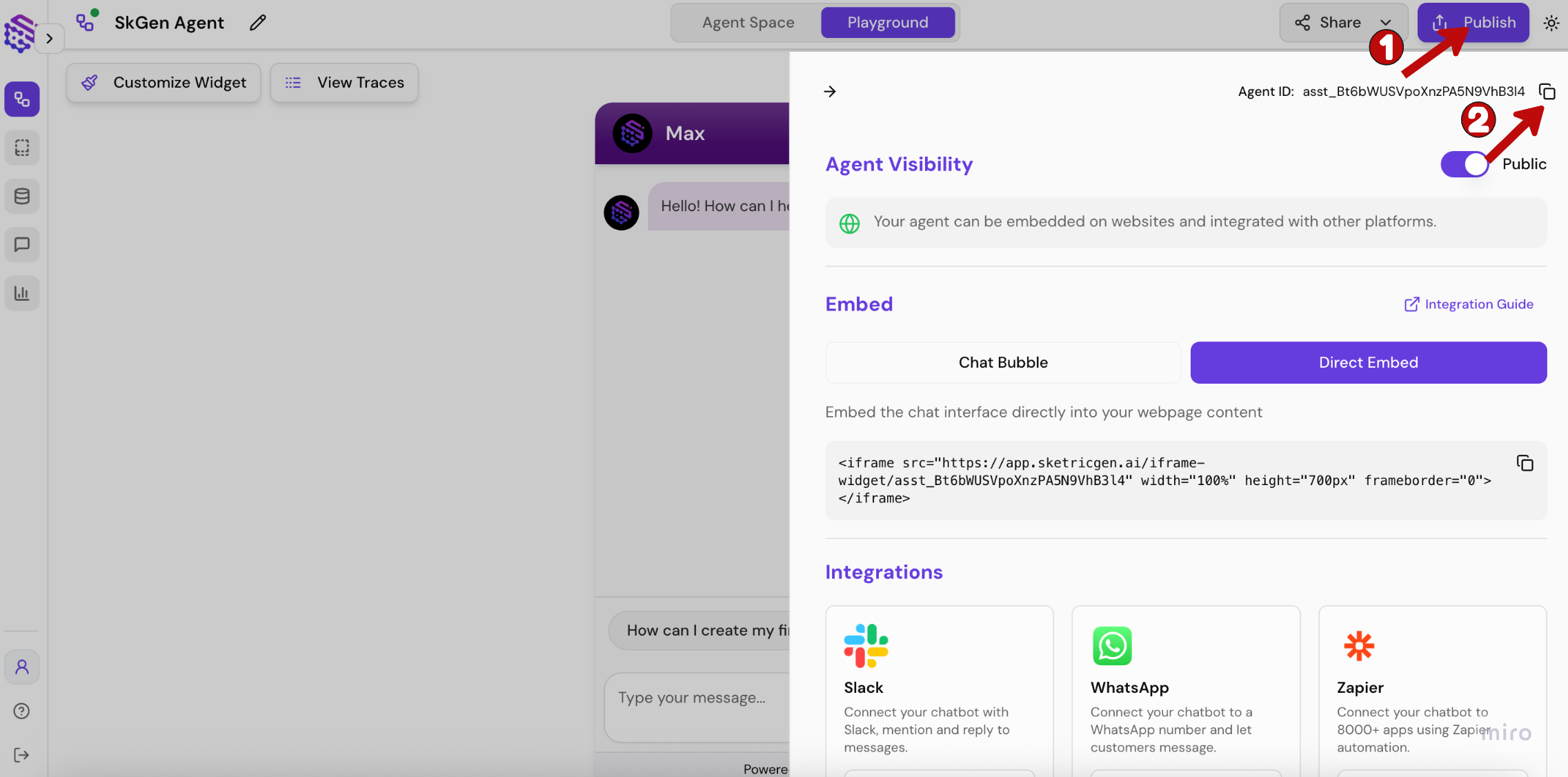 Screenshot showing SketricGen agent playground with Agent ID copy option in Publish sidebar