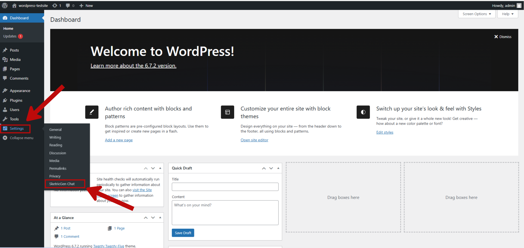 Screenshot showing WordPress admin dashboard with SketricGen Chat settings menu
