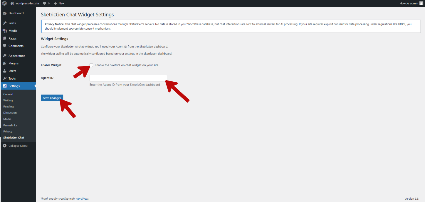 Screenshot showing SketricGen Chat settings interface with Agent ID input field and Save Changes button
