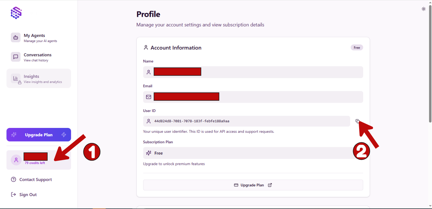 Screenshot showing SketricGen profile section with User ID and API Key copy options