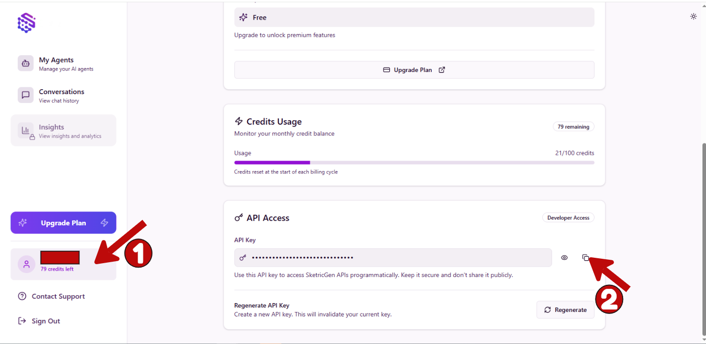 Screenshot showing SketricGen API Key and User ID details for Zapier integration