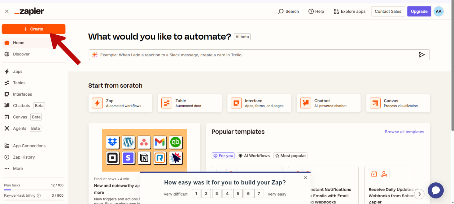 Screenshot showing Zapier dashboard with Create Zap workflow option