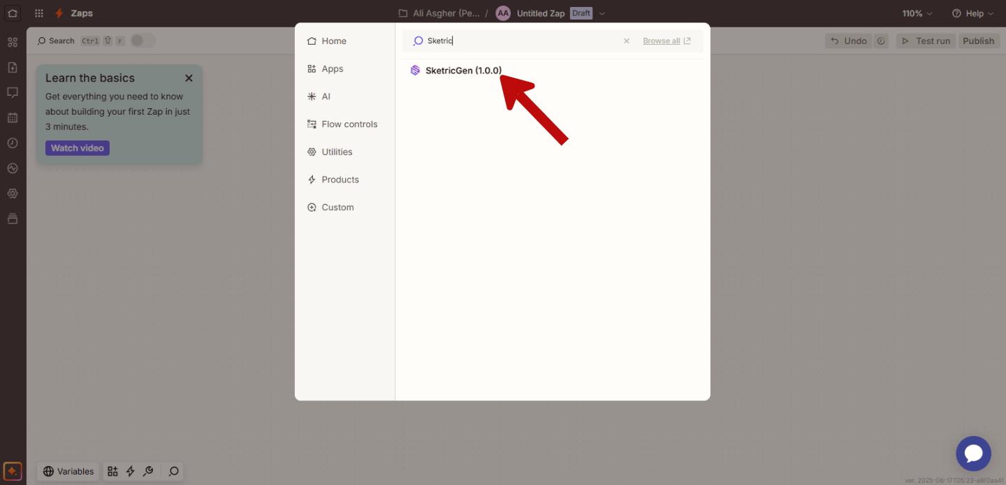 Screenshot showing Zapier SketricGen integration configuration interface