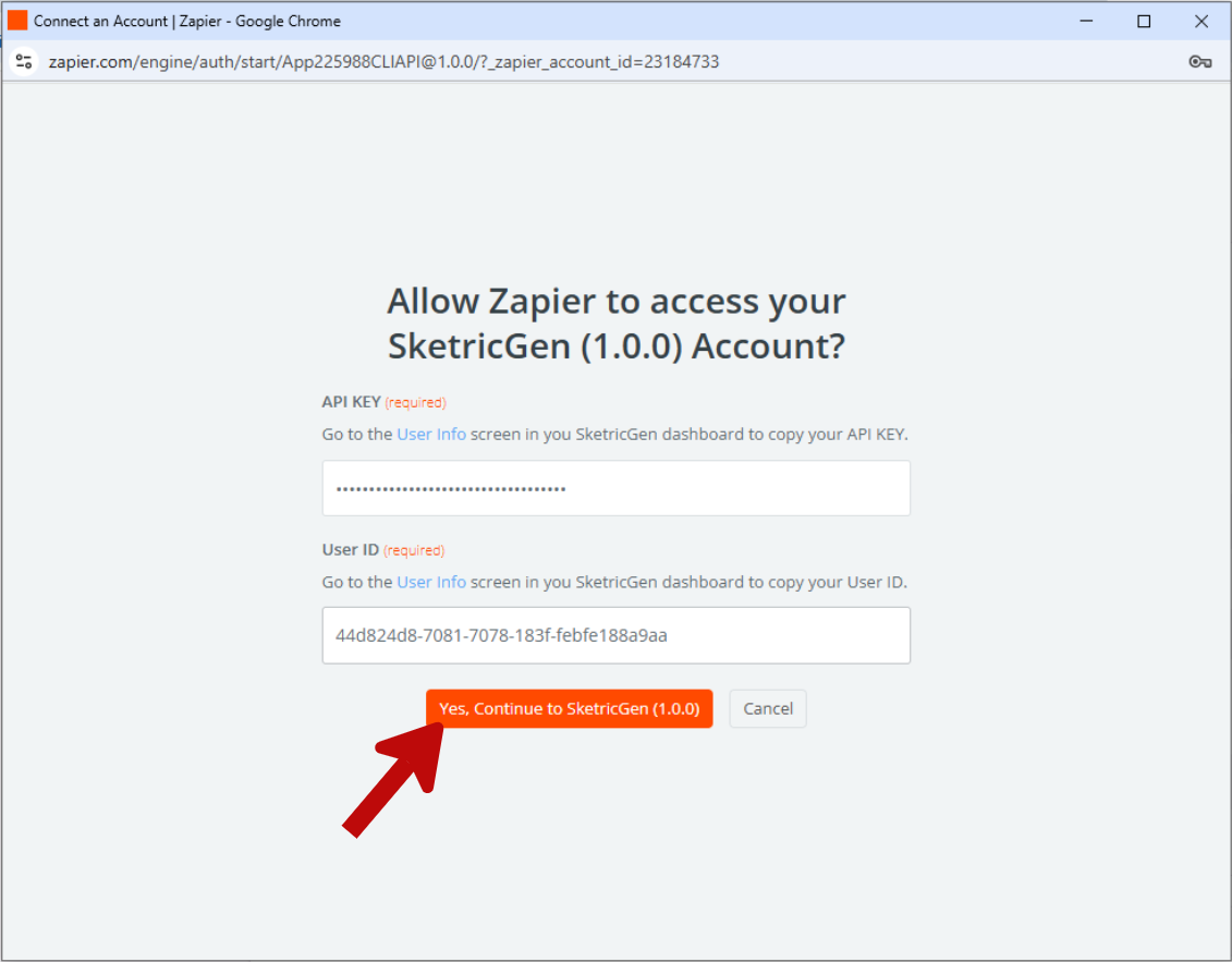 Screenshot showing Zapier SketricGen connection with API Key and User ID input fields