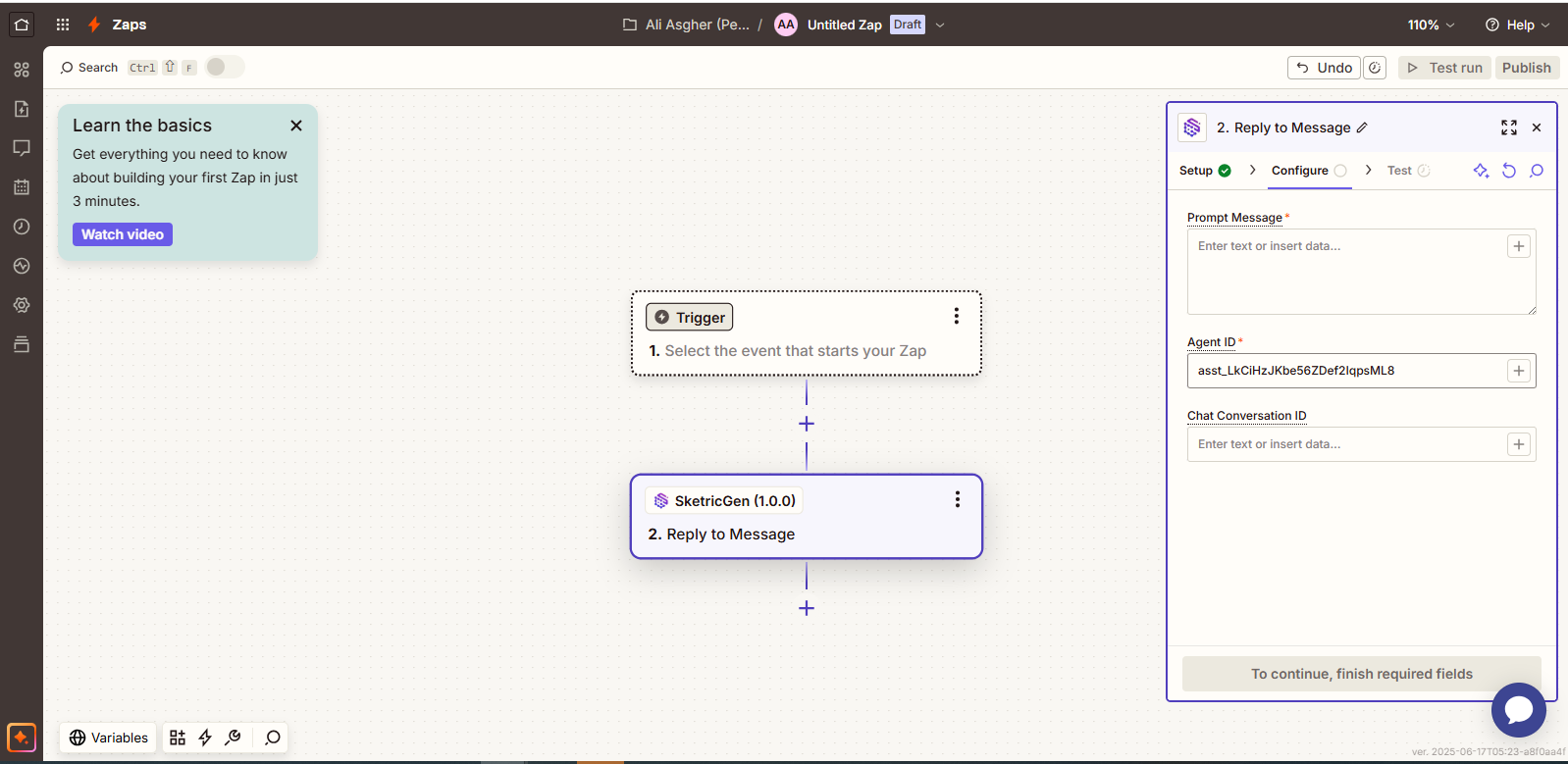 Screenshot showing Zapier workflow configuration with SketricGen integration, Prompt Message, Agent ID, and Conversation ID fields