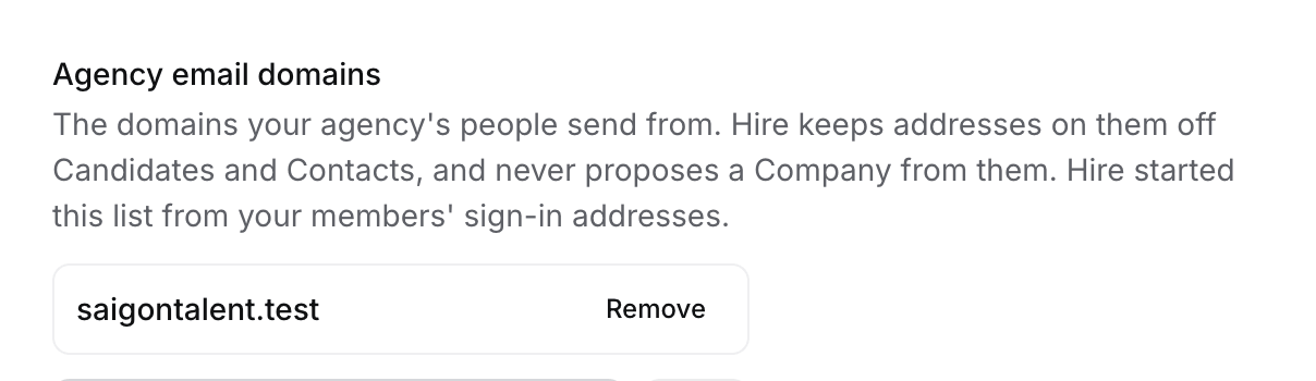 Agency email domains in Settings › General, listing saigontalent.test with a field to add another domain